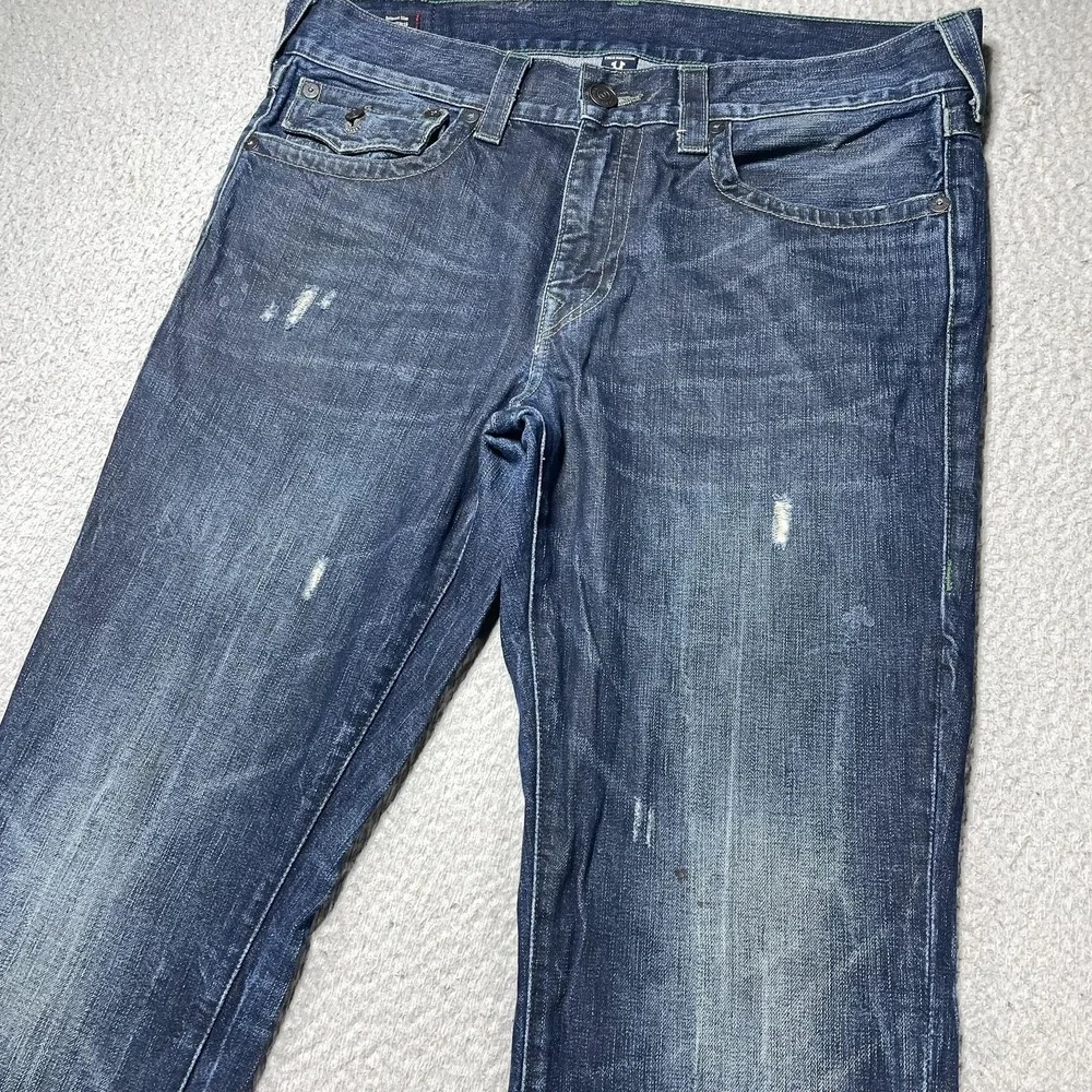 True Religion Geno Relaxed Slim Jeans Mens 34 Blue Wash Distress Denim Fit 36x35